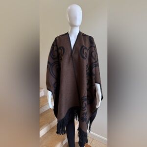 Reversible Fringe Hem Shawl Cape Wrap Poncho, Black/Brown